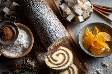 Fototapeta premium Tronco Natal on wooden cutting board, surrounded by orange slices, brown sugar bowls, cozy warm lighting. Concept of Christmas log roll Portuguese dessert with scattered ingredients.