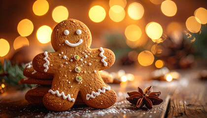 ジンジャーブレッド色のぬくもりに包まれた温かいクリスマス背景
– Warm Christmas Background in Cozy Gingerbread Tones and Soft Blurred Lights