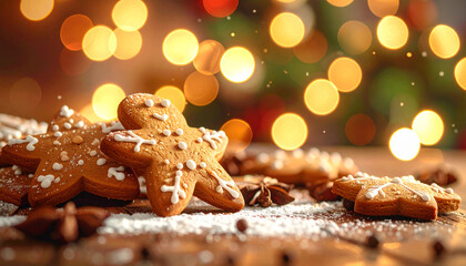 ジンジャーブレッド色のぬくもりに包まれた温かいクリスマス背景
– Warm Christmas Background in Cozy Gingerbread Tones and Soft Blurred Lights