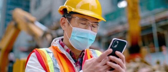 Construction worker on phone: An construction worker, safety helmet, glasses, and face mask, engrossed in his phone, working at construction site. Capturing focus - Powered by Adobe