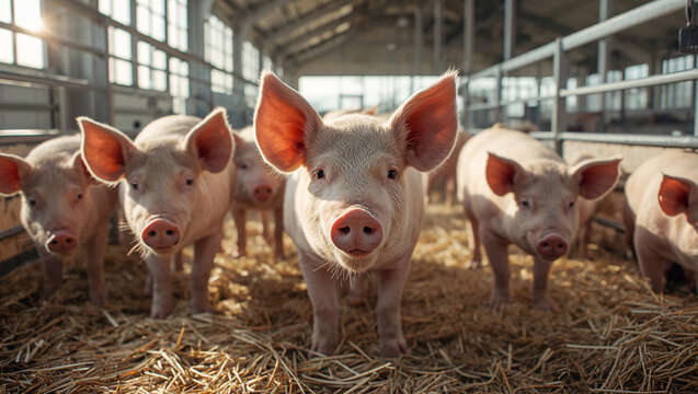 Curious pigs looking directly at the camera in a well-lit barn