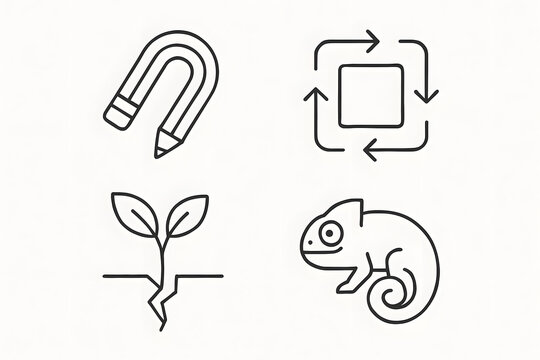 Dynamic Icons: Four minimalist icons convey powerful concepts, including creativity, transformation, growth, and adaptability. Suitable for versatile design applications.