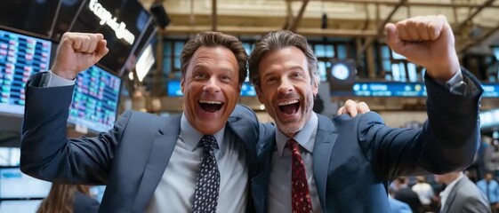 Success and Camaraderie: Two triumphant individuals, exhilarated by accomplishment, celebrate together against a backdrop of a bustling trading floor.