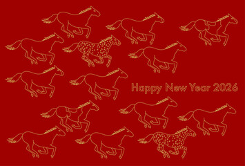 2026年午年の年賀状(赤背景に金色線画の走る馬たち)