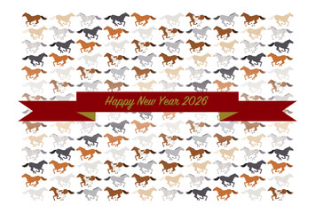 2026年午年の年賀状(色々な品種の走る馬模様)