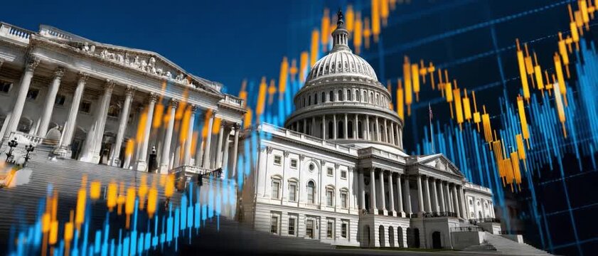 Political Landscape: A juxtaposition of historic government buildings alongside an abstract data visualization chart.