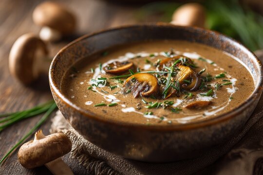 Zupa Grzybowa in brown bowl with cream, chives, sliced mushrooms, rustic wooden table. Concept of warm inviting atmosphere, showcasing mushroom soup broth vegetables cooked.