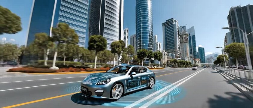 Urban Mobility: Futuristic vehicle navigating a modern cityscape, showcasing advanced technology and seamless integration within an urban environment.