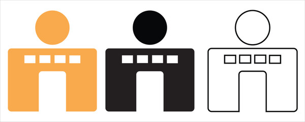 Set of three stylized person and building icons, isolated on