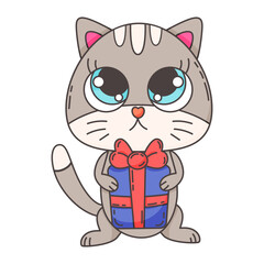 Cute cartoon gray kitten with big blue eyes holding Christmas gift box on white background. playful and festive illustration creates warm holiday mood