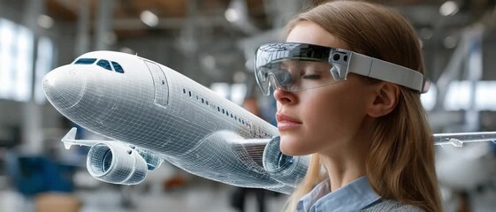 Innovator's Vision: A woman uses augmented reality glasses, visualizing a model airplane, symbolizing modern technology and aviation's future.