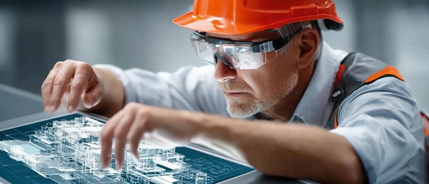 Technological Blueprint: A skilled engineer, donned in safety gear, meticulously studies an advanced digital blueprint, embodying the fusion of expertise and technology.