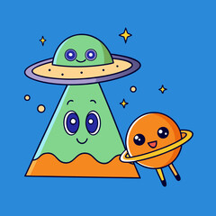 Cute cartoon ufo and planet friends exploring the starry blue cosmos together