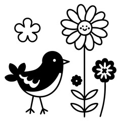 Charming black and white bird with flowers illustration for spring and nature themes