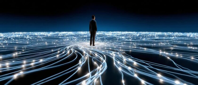 Navigating the Digital Labyrinth: A lone figure stands resolute amidst a mesmerizing network of illuminated pathways, symbolizing the complexities of the digital realm, innovation.