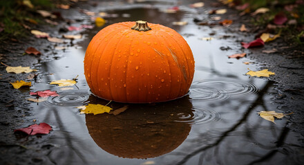 Rain-speckled pumpkin in autumn puddle, reflective seasonal scene on leaf-strewn path