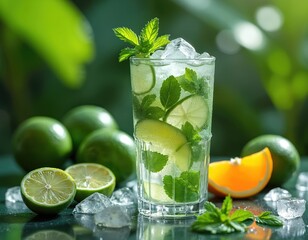 Fototapeta premium Tall glass holds refreshing mojito cocktail with lime mint ice cubes. Whole and sliced limes orange slice sit around glass. Green leaves, rich foliage background complete summer scene.