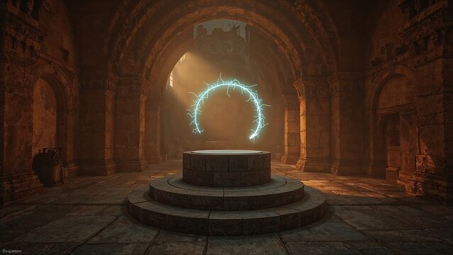 Altar in the old temple with sparkling circle of lightning above it, forming a portal, fantasy art background - Powered by Adobe