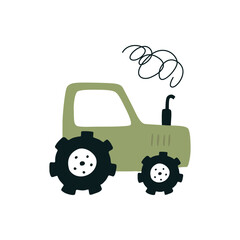 Cartoon tractor, isolated on white background. Colorful book page design for kids and children.