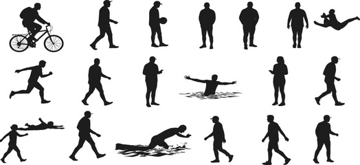 Human silhouettes collection, walking running cycling swimming crawling jumping poses, family figures, fitness exercise motion, lifestyle activity vector illustration designHuman silhouettes  