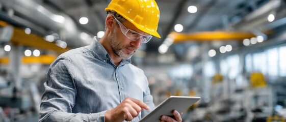Engineering Oversight: A seasoned engineer, adorned in a hardhat and protective eyewear, meticulously examines data on a digital tablet within a bustling industrial facility.