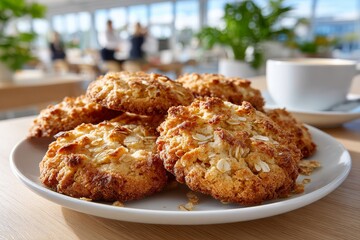 Plato de galletas ANZAC recién horneadas junto a una taza de café en un entorno acogedor