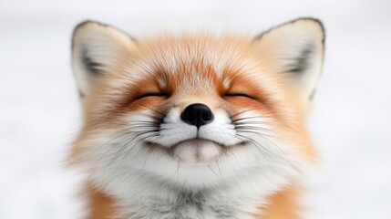Naklejka premium A close-up of a smiling fox in a snowy background showcases its playful and cheerful demeanor, This captivating image can be used in nature blogs, wildlife conservation campaigns, or children's books