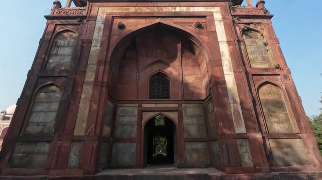 Imposing Exterior View of the Barber's Tomb (Nai ka Gumbad), a Significant Red Sandstone Structure Located Within the UNESCO World Heritage Site of Humayun's Tomb Complex in Nizamuddin, New Delhi.