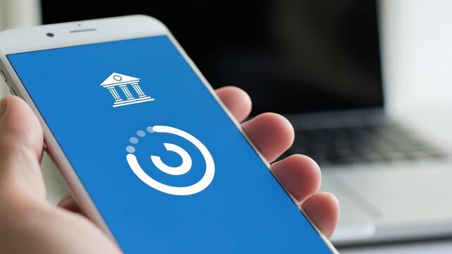 Mobile banking app loading screen with bank icon and progress indicator, seamless transaction 4k high quality footage