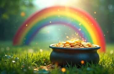 Obraz premium Pot with gold coins on grass field near rainbow. Concept of fortune luck wealth, prosperity. Symbolic Irish St Patricks day design fairytale background for greeting holiday poster banner. Copy space.