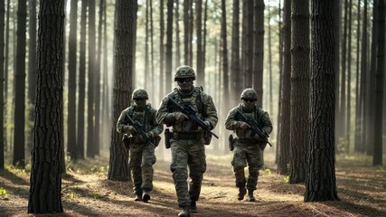 Three soldiers advance purposefully through a dense, sun-dappled forest, ready for action. 4k high quality footage