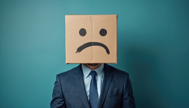 Businessman wearing cardboard box head. Sad face on box shows unhappy emotion. Man feels stressed, frustrated, anonymous, hidden. Blue Monday, mental health, corporate burnout, job problems,