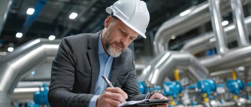 Focused Inspection: An experienced inspector diligently reviews plans within a modern industrial facility, the scene radiating diligence and precision.