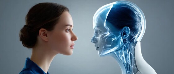 Mindful Confrontation: A woman gazes intently at a digital representation of a human head, creating a thought-provoking image about introspection and self-awareness.
