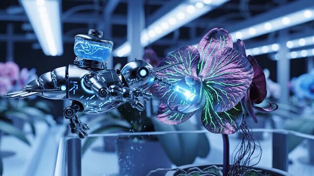 Robotic pollinator interacting with glowing botanical specimen
