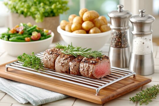 Cocinando filete de canguro con term&oacute;metro de lectura instant&aacute;nea en cocina