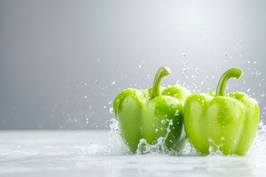 Fresh green bell peppers splashing in water against a soft gray background, showcasing their vibrant color and texture, Ideal for culinary, health, or grocery-related visuals, - Powered by Adobe