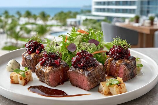 Disfrutar del filete de canguro con guarnici&oacute;n fresca en un ambiente agradable junto al mar