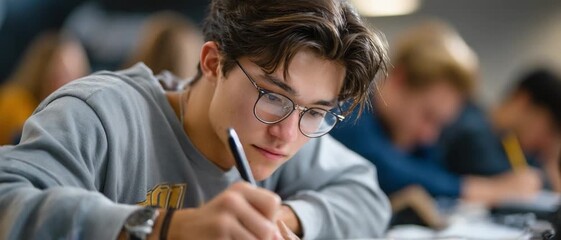 Focused Student in Study: A concentrated student diligently works on an assignment, engrossed in his studies. The scene captures the essence of academic focus and determination.