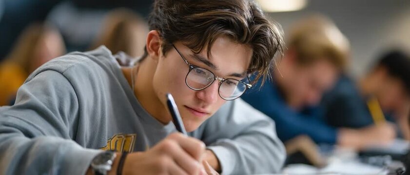 Focused Student in Study: A concentrated student diligently works on an assignment, engrossed in his studies. The scene captures the essence of academic focus and determination.