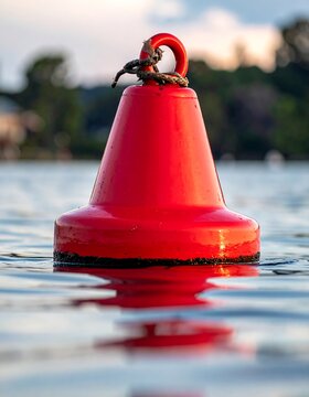 A close-up shot of a bright red, conical object floating on gently rippling water, with soft bokeh background