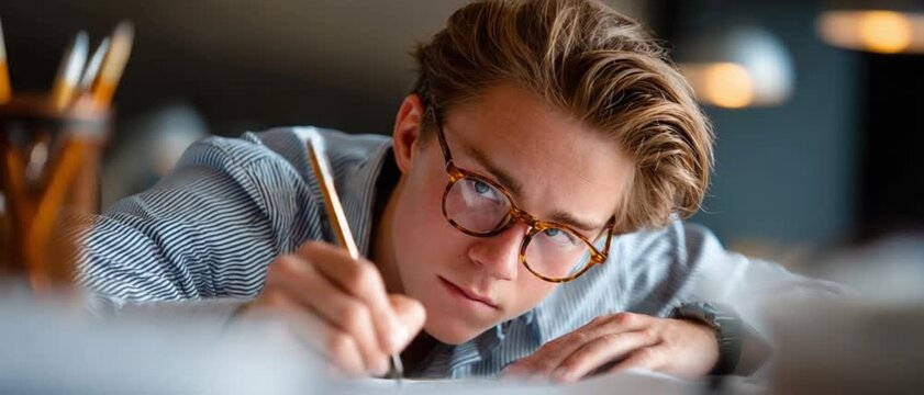 Focused Thought: A studious individual, adorned with spectacles, immerses himself in creative expression, meticulously penning notes and ideas on paper, his brow furrowed in deep concentration.