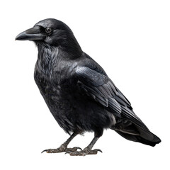 Fototapeta premium Black raven standing on a surface, showcasing feathers and shiny eyes in a neutral setting during daylight hours