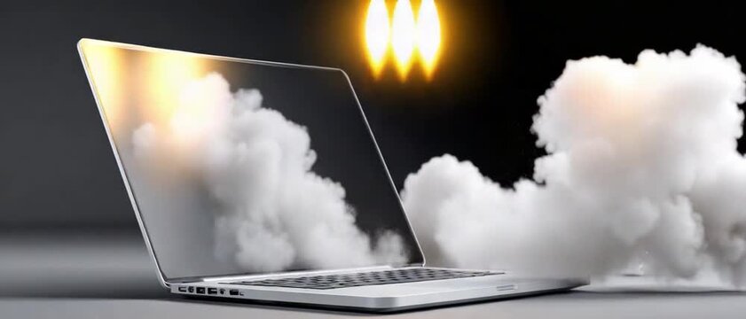 Technological Ascent: The image captures a laptop launching, symbolizing innovation and technological advancement, as clouds emanate, representing the power and potential of the digital age.