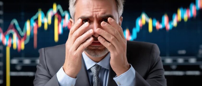 Financial distress: A man in a suit looks distraught with his hands on his face, against the backdrop of a financial chart, capturing the strain and anxiety that comes from uncertainty in the market.