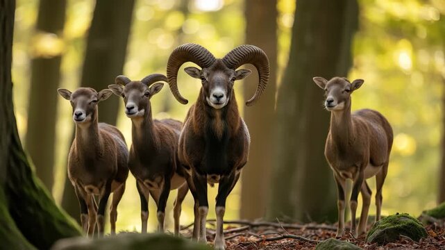 Majestic ram leads flock through sunlit autumn forest, a powerful nature scene 4k high quality footage