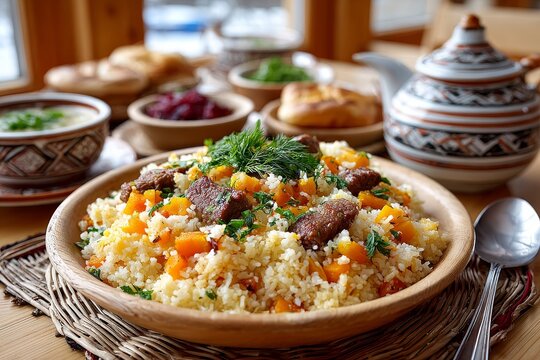Delicioso plov servido en un lagan sobre una mesa baja, rodeado de platos tradicionales