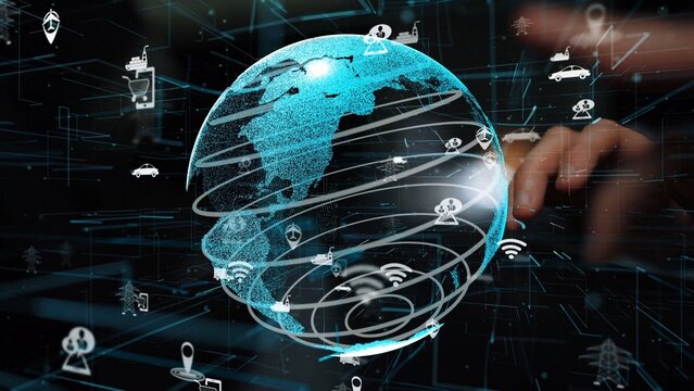 A futuristic digital globe illustrates global connectivity, showcasing technology icons that represent data flow and communication across transportation networks. Xenic