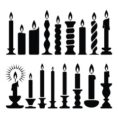 Collection of various black candle silhouettes on a white background
