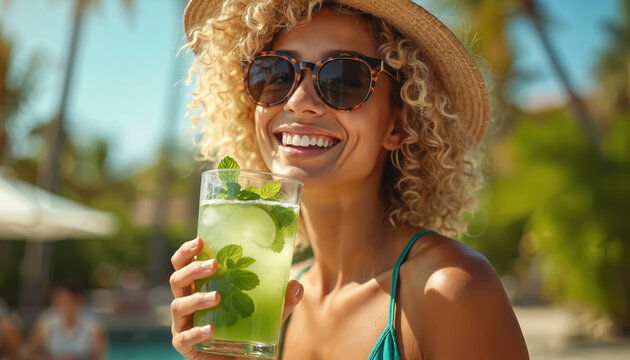 Young woman with hat and sunglasses holds a mojito drink. She smiles on summer vacation at a tropical resort. Happy girl relaxing with a fresh mint cocktail by the pool in the sun.